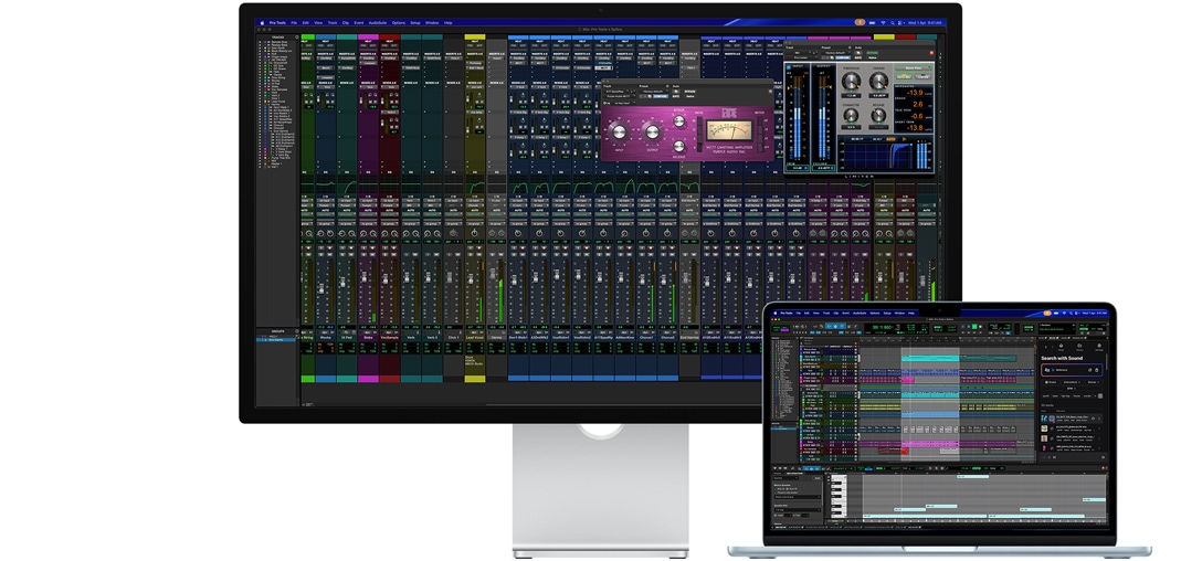 Studio Display and a Mac laptop showing a session in Pro Tools with Splice integration