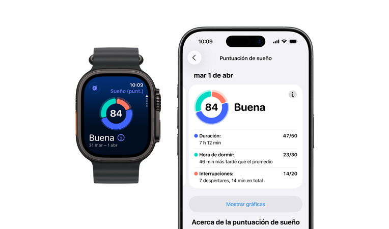 Apple Watch Ultra 3, caja de titanio, color negro, gráfica circular y puntaje de Puntuación de Sueño, parte lateral izquierda, Botón de Acción, parte lateral derecha, Digital Crown, botón lateral, correa Ocean, color negro, análisis completo del sueño abierto en un iPhone enlazado