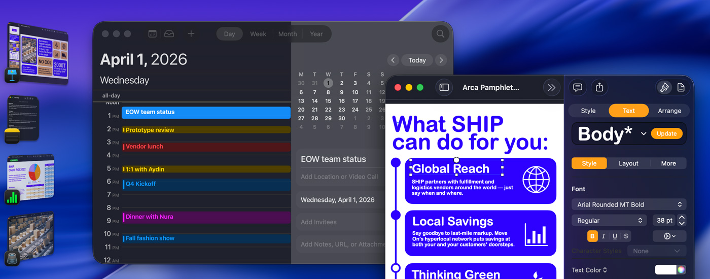 Multiple apps displayed on a screen using Stage Manager, with open Calendar and Pages windows, and macOS Tahoe wallpaper.