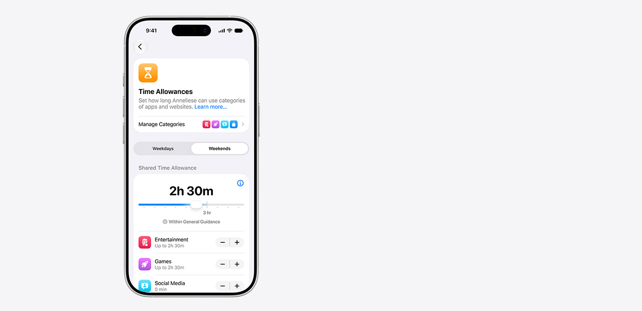 iPhone displaying Time Allowance interface, including a shared time allowance of two hours and 30&nbsp;minutes, and suggested allowances for app categories like entertainment, games and social media.