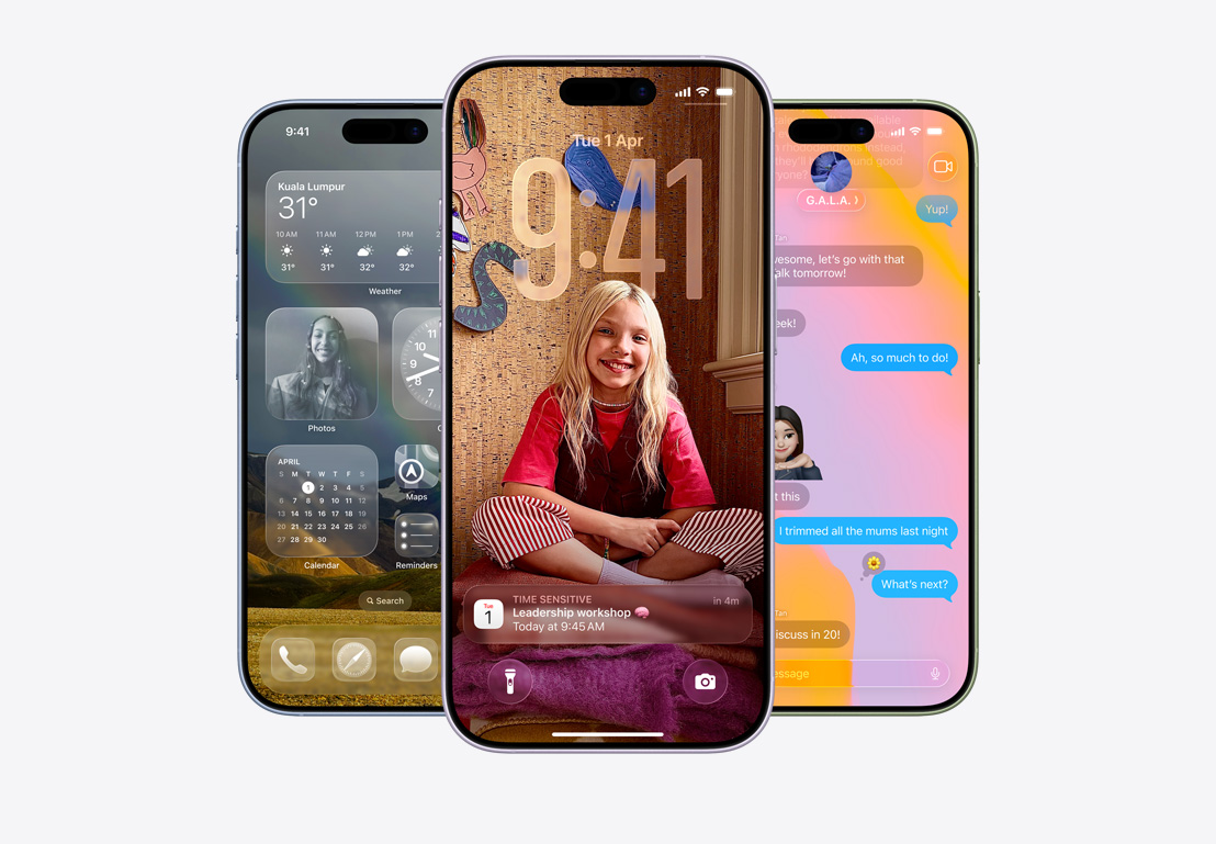 iPhone screen showing call screening pop-up, iPhone screen showing Calendar pop-up on personalised background with photo of a child, iPhone screen showing Messages with Liquid Glass design