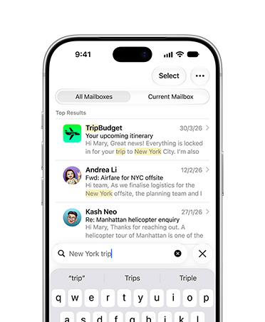 iPhone 18 Pro, Silver, screen showing selection of emails retrieved from search term New York City trip