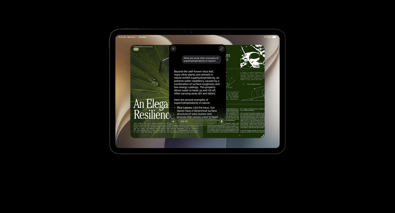 iPad Pro 11-inch, Space Black, screen shows result of query to Siri AI for information about a topic, overlaid with query to Siri AI about the retrieved information, Siri response appears