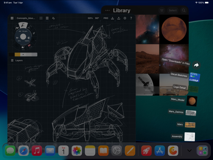 Three iPad Pro devices, front exterior, landscape orientation, space black, Apple Pencil Pro atop iPad Pro, three displays showing photo editing apps with open projects of a model on a red background, sketches of mechanical designs with colour adjustment tools, photo library, downloads folder files fanned out, 3D modelling software with geometric shapes, and handwritten annotations and formulas