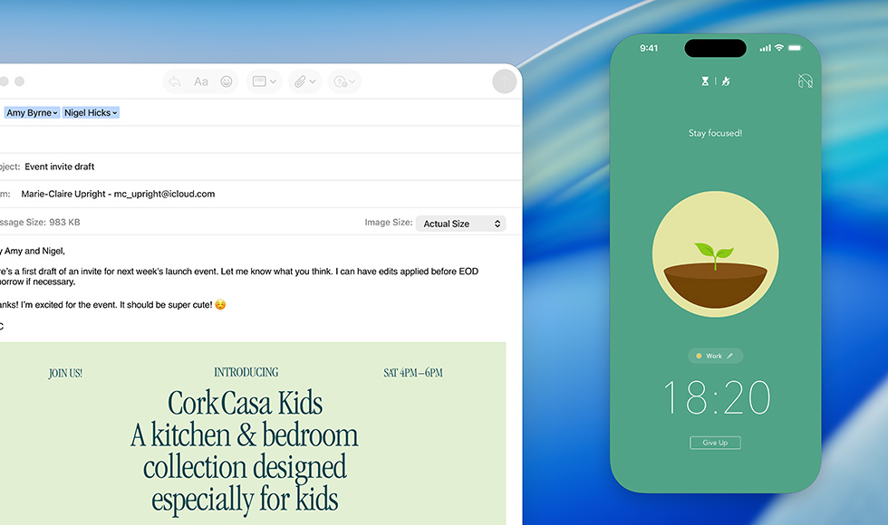 MacBook screen, Mail app open, iPhone screen mirrored on MacBook screen shows Forest arriving
