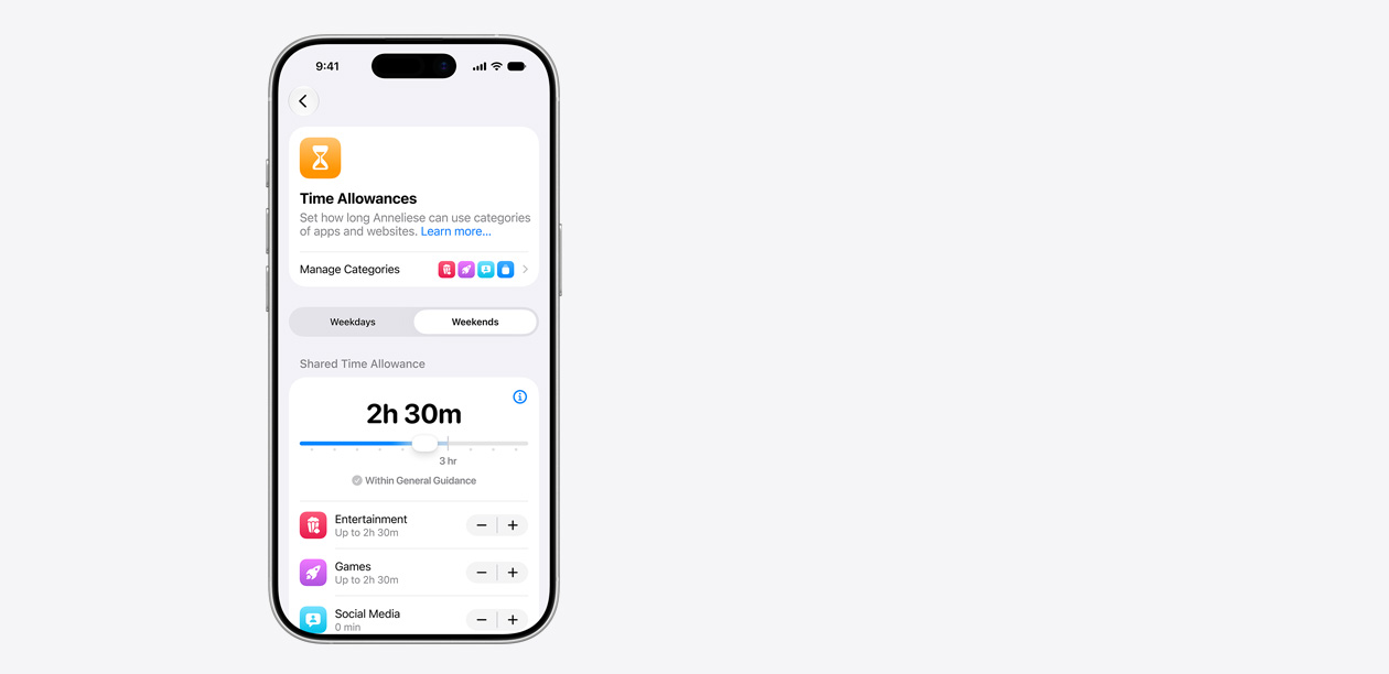 iPhone wyświetlający interfejs funkcji Limit czasowy, w tym przyznany limit czasowy w wysokości dwóch godzin i 30 minut oraz sugerowane limity dla apek takich kategorii, jak rozrywka i gry.