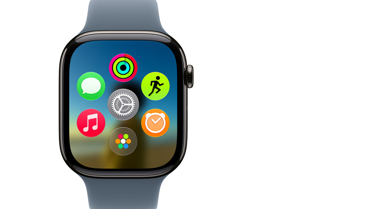 Apple Watch Series 11 z kopertą z tytanu w kolorze łupku wyświetla ekran aplikacji Dynamic Island