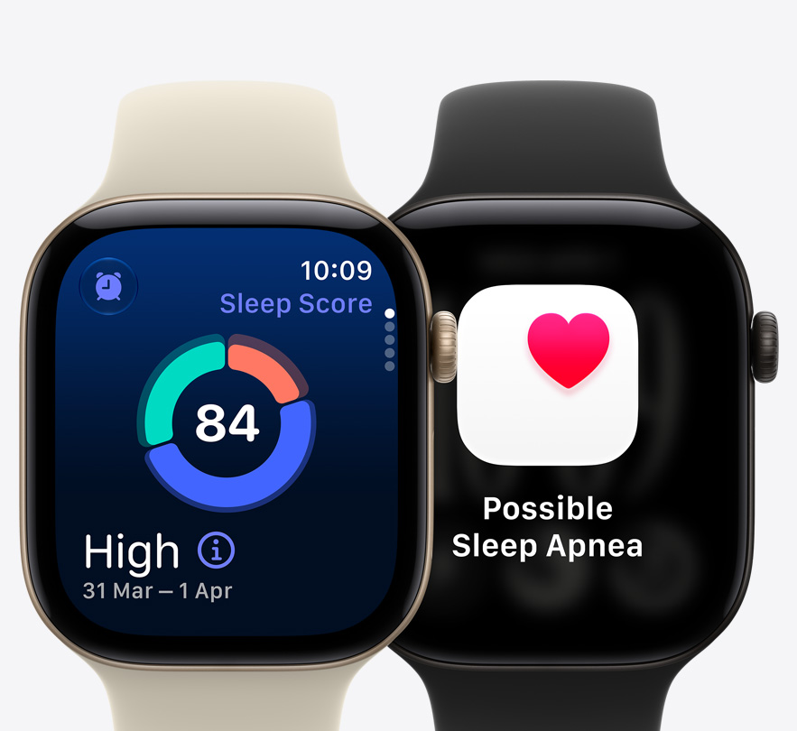 Dwa urządzenia Apple Watch Series 12. Ekran jednego wyświetla wynik snu, a drugiego – powiadomienie o możliwym bezdechu sennym.