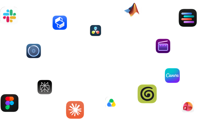 Diferite pictograme de aplicații sunt dispuse în jurul unui text care spune: Aplicațiile zboară pe macOS