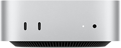 Mac mini, vedere frontală, două porturi Thunderbolt, indicator luminos de stare și mufă pentru căști, bază neagră conică în partea de jos, suprafață plată în partea de sus, laturi rotunjite, margini drepte, culoare Argintiu