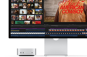Mac mini asociat cu Studio Display, ecran afișează un titlu dintr-un film intitulat Black American Cowboy în partea dreaptă, iar în partea stângă mai multe imagini statice