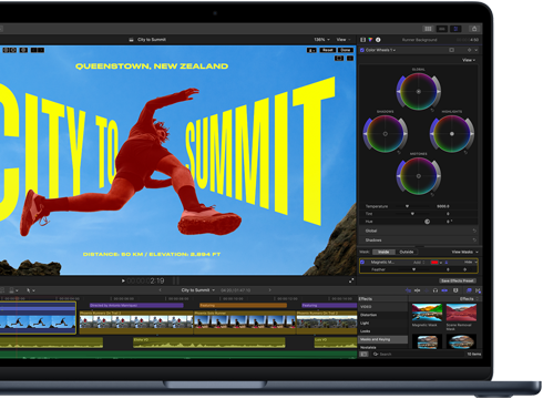 Ecranul unui MacBook Air, vedere parțială, arătând un proces de editare video pentru a demonstra capacitățile cipului M5