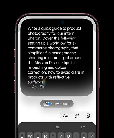 iPhone screen showing detailed typed prompt for Write with Siri to create a draft
