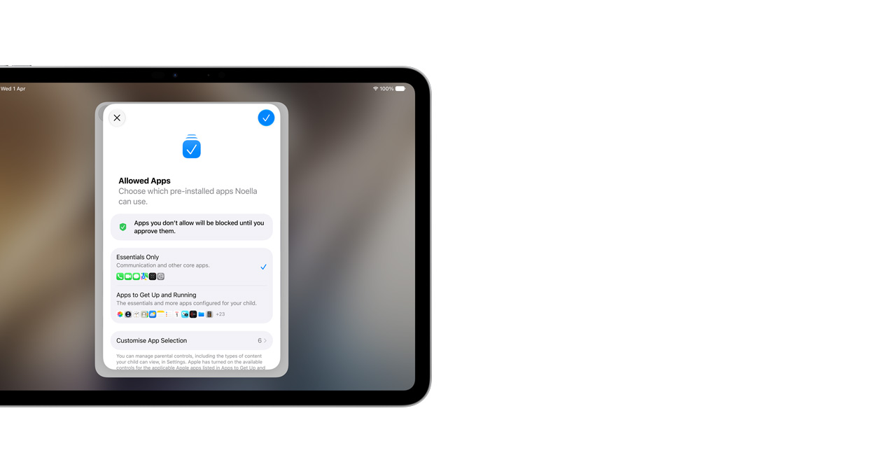iPad Pro 11-inch, Silver, screen shows Setup Assistant app with selection of apps that a parent can choose for their child