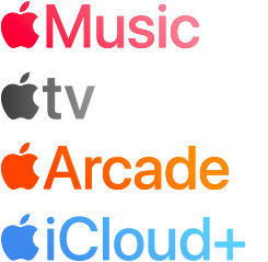 A list of Apple services: Apple Music, Apple TV, Apple Arcade and Apple iCloud Plus