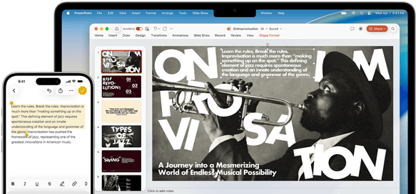 iPhone 16 Plus with text highlighted in the Notes app, Macbook Air with a Keynote slide open, text from Notes app is visible on the slide
