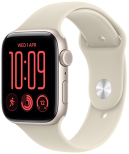 Apple Watch SE 3, hliníkový kryt vo farbe hviezdna biela, modulárny kompaktný ciferník, komplikácie: deň a dátum, tréning Beh, kruhy aktivít, Počasie, pohľad zvonku na pravú stranu, korunka Digital Crown, bočné tlačidlo, športový remienok vo farbe piesková béžová