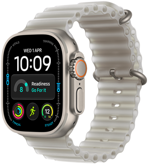 Apple Watch Ultra 4, titánový kryt v prírodnej farbe, modulárny ciferník, komplikácie: deň a dátum, pripravenosť, srdcová frekvencia, tréning Beh, Počasie, pohľad zvonku na pravú stranu, korunka Digital Crown, vystúpené bočné tlačidlo, oceánsky remienok v priesvitnej šedej farbe