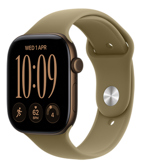 Apple Watch Series 12, hliníkový kryt v tmavobronzovej farbe, modulárny kompaktný ciferník, komplikácie: deň a dátum, tréning Beh, srdcová frekvencia, pripravenosť, pohľad zvonku na pravú stranu, korunka Digital Crown, bočné tlačidlo, športový remienok v olivovej farbe