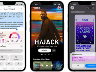 Pohľad na iPhony 17e vedľa seba, na obrazovkách je rozohraná hra, Nástroje na písanie, apka Apple TV, vytváranie udalosti v kalendári a vytváranie Genmoji
