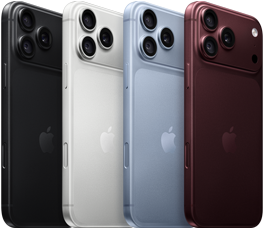 iPhony 18 Pro v rade, pohľad zozadu, všetky štyri farby: čierna, ľadovcová, strieborná, burgundská, sústava profesionálnych kamier Fusion v ľavom hornom rohu, tri objektívy, mikrofón, blesk