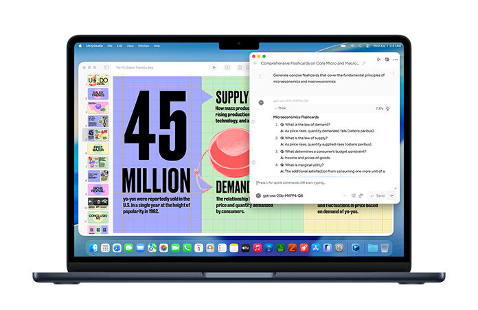 MacBook แสดงหน้าจอ Msty Studio ที่มีแฟลชการ์ดวิชาเศรษฐศาสตร์จุลภาค ซึ่งแสดงให้เห็นถึงความสามารถด้าน AI บนอุปกรณ์
