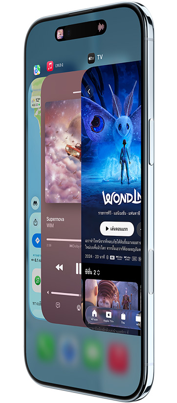 iPhone Air, ภายนอกด้านหน้า, ภายนอกด้านข้าง, พร้อมแอปแผนที่ เพลง และ Apple TV+, แสดงคุณสมบัติแถบสลับแอปขณะกำลังใช้งาน