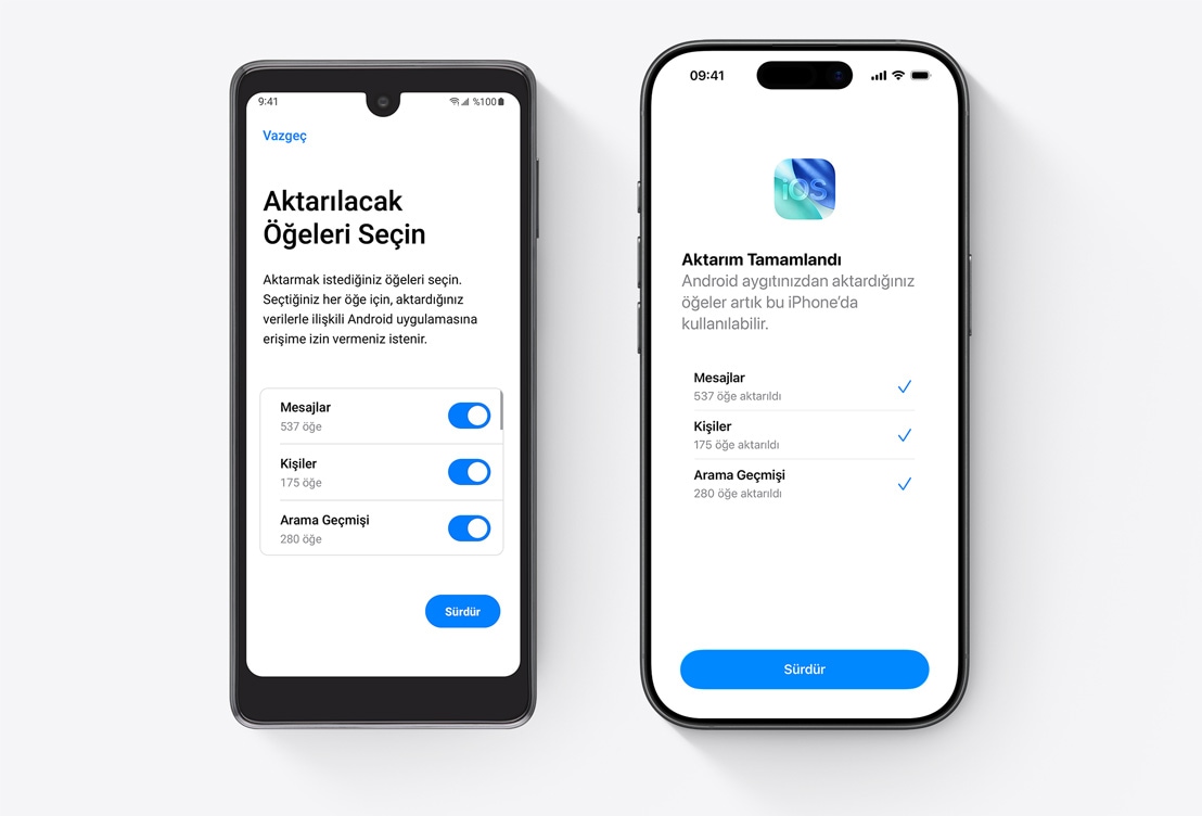 Yan yana duran Android telefon ve iPhone ekranlarında iOS’e Taşı Uygulaması görünüyor