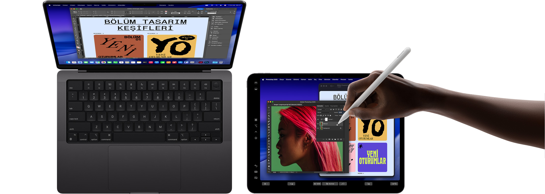 14 inç MacBook Pro, MacBook’un ekranını genişletmek için 13 inç iPad Pro kullanılıyor, bir el Apple Pencil Pro kullanarak iPad’deki görseli düzenliyor