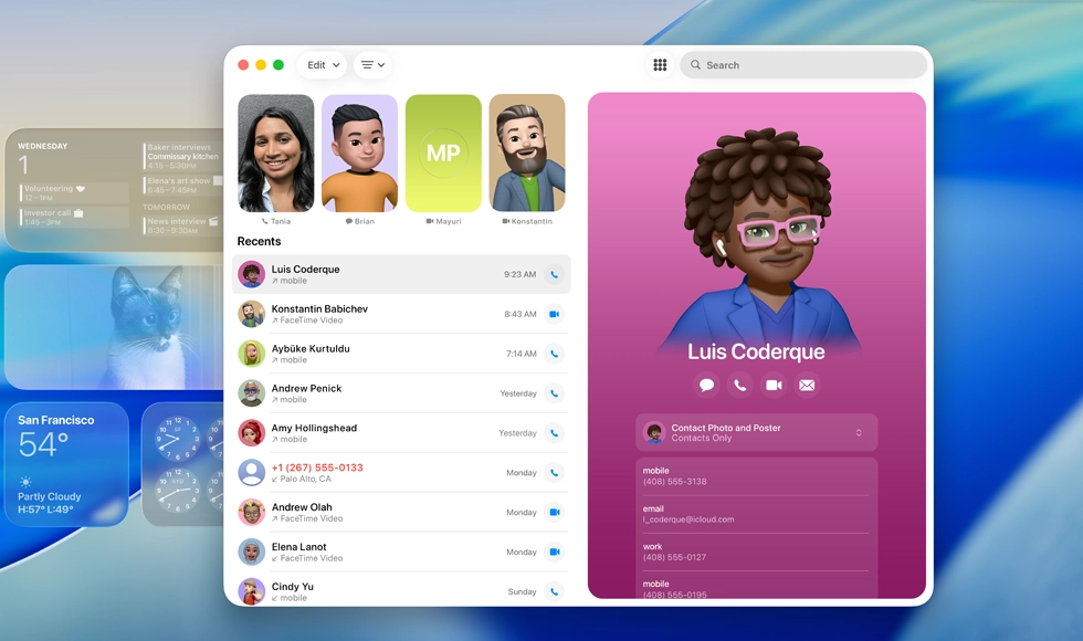 鎖定畫面顯示 FaceTime app 已開啟，聯絡人名片旁邊有最近通話列表，其中包含 Genmoji 和人名