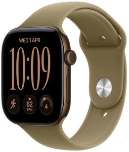 Apple Watch Series 12, корпус з алюмінію темно-бронзового кольору, з правого боку на годиннику розташовано коронку Digital Crown, мікрофон і бічну кнопку, спортивний ремінець оливкового кольору (глибокий зелений), застібка pin-and-tuck (срібляста шпилька)