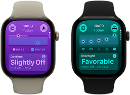 Два пристрої Apple Watch Series 12: алюмінієвий корпус світло-золотистого кольору, денні показники дещо відхиляються від норми, коронка Digital Crown, спортивний ремінець пісочного кольору, алюмінієвий корпус чорного кольору, нічні показники в нормі, коронка Digital Crown, чорний спортивний ремінець
