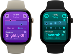 Два пристрої Apple Watch Series 12: алюмінієвий корпус світло-золотистого кольору, денні показники дещо відхиляються від норми, коронка Digital Crown, спортивний ремінець пісочного кольору, алюмінієвий корпус чорного кольору, нічні показники в нормі, коронка Digital Crown, чорний спортивний ремінець