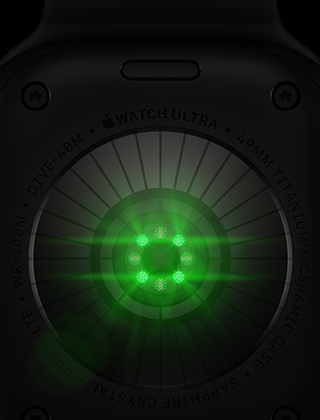Apple Watch Ultra 4, вид ззаду, титановий корпус, чорний колір, кілька круглих датчиків із зеленими світлодіодами