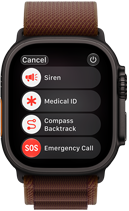 Apple Watch Ultra 4, титановий корпус чорного кольору, правий бік корпусу, коронка Digital Crown, рельєфна бічна кнопка, браслет Alpine бордового кольору
