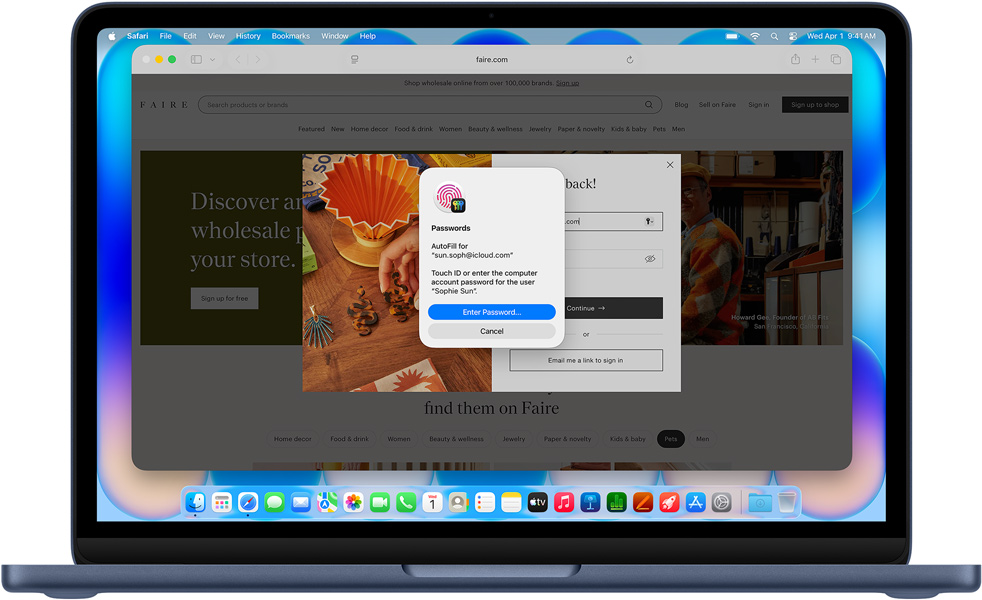 MacBook Neo кольору «індиго», Safari пропонує користувачеві увійти за допомогою Touch ID або пароля на вебсайт під назвою Community Care Clinic