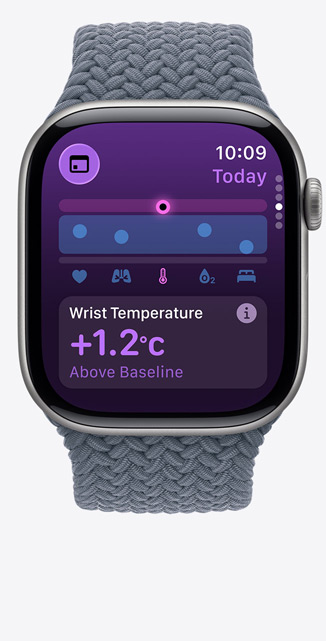Apple Watch Series 11,  titanium case, slate color, Vitals app, chart scoring health, wrist temperature above baseline notification, right side, Digital Crown, anchor blue Braided Solo Loop