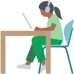 AirPods Max를 착용한 여성이 책상에 앉아 iPad를 사용하는 모습