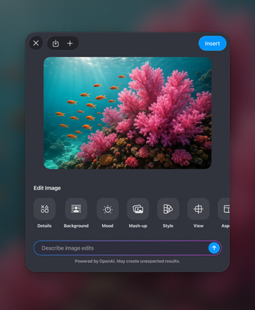 Generate image window, a colorful coral reef image, edit image tools, insert button, describe image edits bar at the bottom