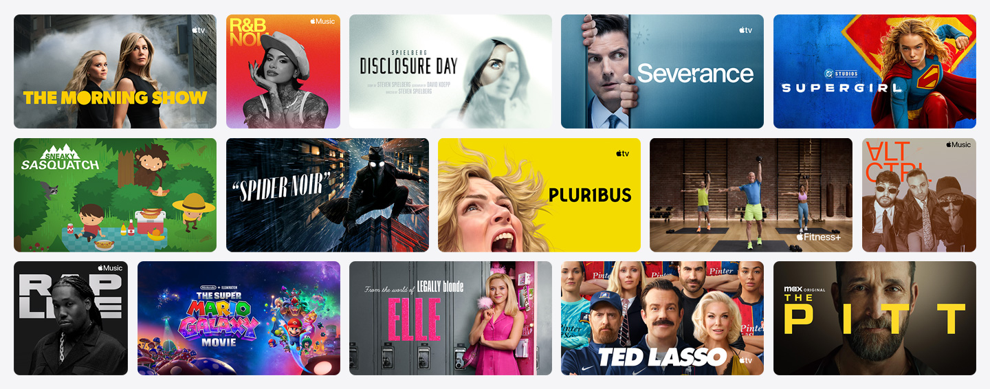 Siatka plakatów serwisów Apple TV, Apple Music, Apple Fitness+, Apple Arcade i serwisów partnerskich