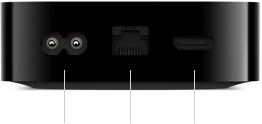 Apple TV 4K, parte posterior, puertos: fuente de alimentación integrada, Ethernet de 1 Gb, HDMI