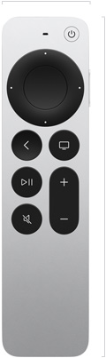 Siri Remote, parte frontal, acabado de aluminio color plata, superficie de control y botones