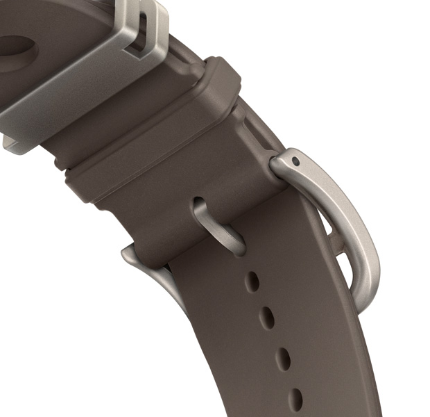 Apple Watch Hermès Ultra 4 Scub'H Diving band, Gris Titane colour (grey), underside of clasp detail, smooth moulded rubber material, circular cutouts centred