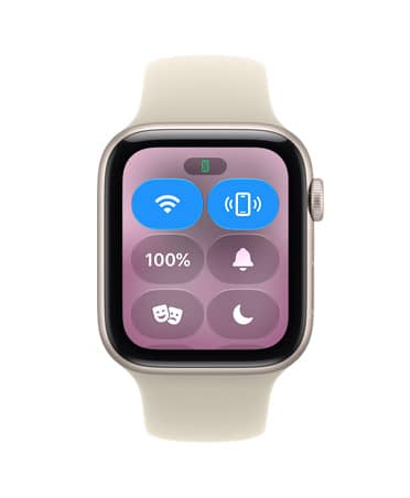 Apple Watch S E 3, boîtier en aluminium, couleur comète, écran montrant le centre de contrôle, icône Faire sonner, côté droit, couronne Digital Crown, bracelet sport, couleur succulente pâle (jaune-vert pâle)