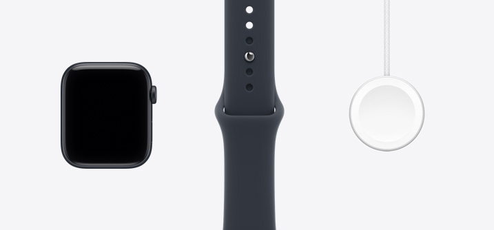 Apple Watch S E 3, boîtier en aluminium, couleur minuit (noir), face avant, écran intégral, couronne Digital Crown, bracelet sport, couleur noir, câble de recharge rapide magnétique USB-C pour Apple Watch