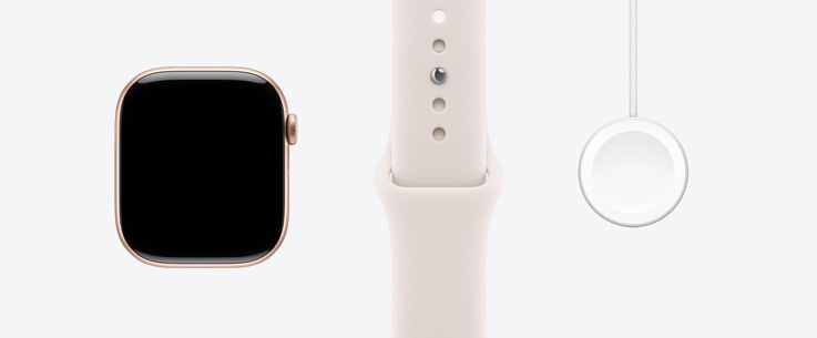 Apple Watch Series 11, κάσα από αλουμίνιο, χρώμα Ροζ Χρυσό, μπροστινή εξωτερική όψη, οθόνη από άκρη σε άκρη,λουράκι Sport Band σε Αιθέριο Ροζ, Μαγνητικό καλώδιο γρήγορης φόρτισης Apple Watch σε USB‑C