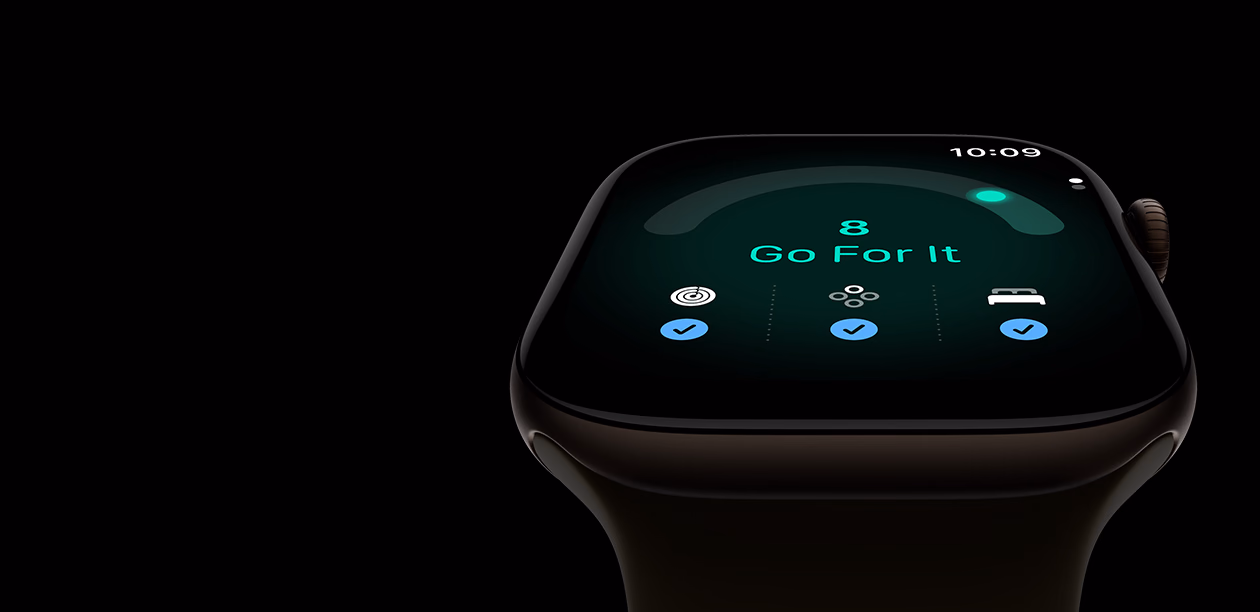 Apple Watch Series 12, aluminum case, dark bronze color, readiness score of 8, right side exterior, Digital Crown, Sport Band, olive color