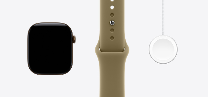Apple Watch Series 12, hliníkový kryt vo farbe tmavobronzová, predná vonkajšia strana, displej od okraja po okraj, športový remienok vo farbe olivová, magnetická rýchlonabíjačka na Apple Watch s káblom USB‑C