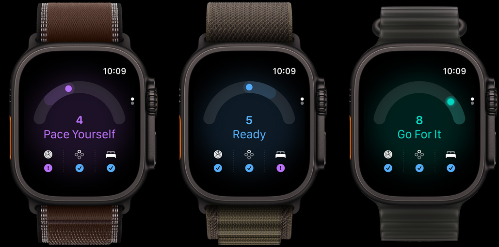 Apple Watch Ultra 4 裝置：黑色鈦金屬錶殼，配搭深泥棕色越野手環錶帶，身體狀態分數為 4；黑色鈦金屬錶殼，配搭深橄欖色登峰手環錶帶，身體狀態分數為 5；黑色鈦金屬錶殼，配搭半透明黑色海洋錶帶，身體狀態分數為 8