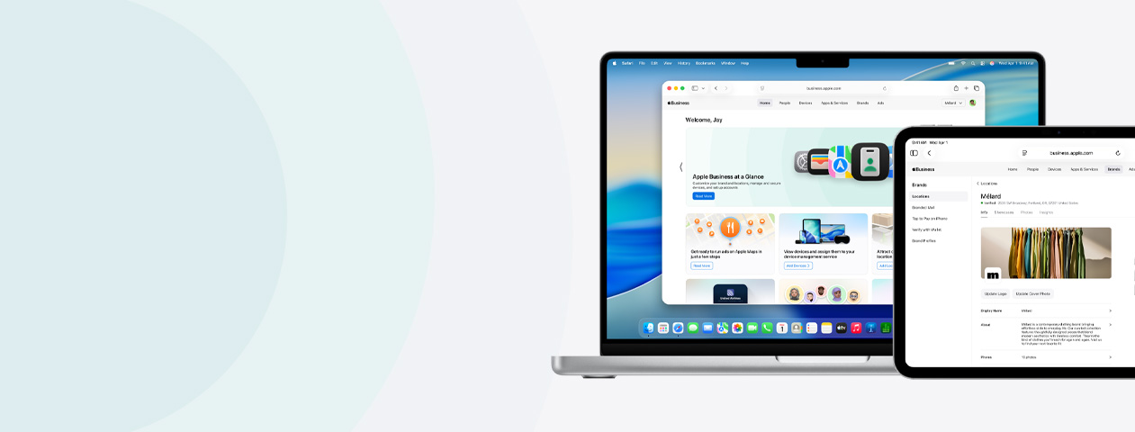 Apple Businessのサービス画面が表示されている、複数のApple製デバイス